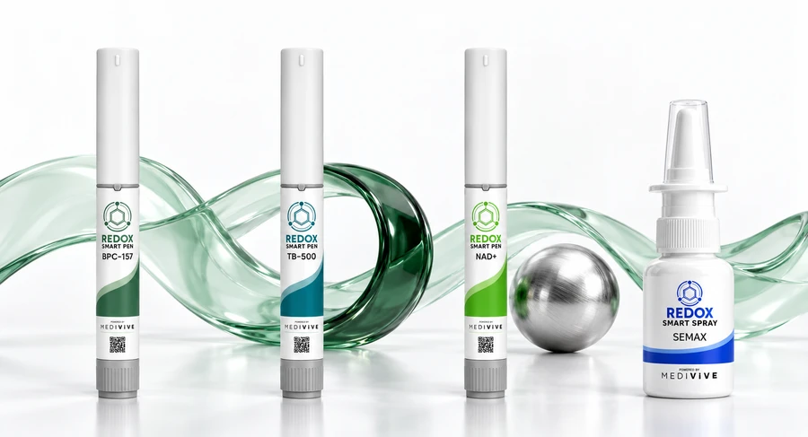 BPC-157, TB-500 and NAD+ pens at equal scale, with a Semax nasal spray bottle in the Molecular Atelier glass and silver scene