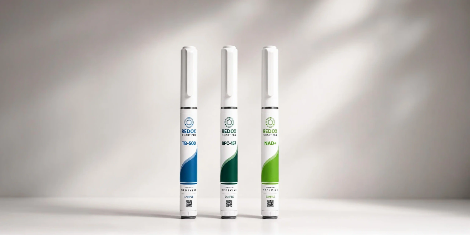 Three complete Redox Smart Pens at equal scale: TB-500 on the left, BPC-157 in the center and NAD+ on the right